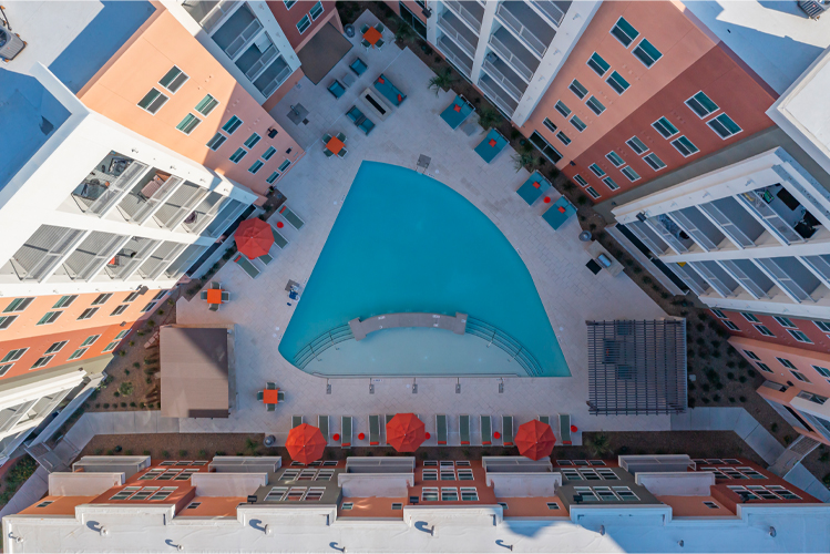 Aerial view of apartment pool